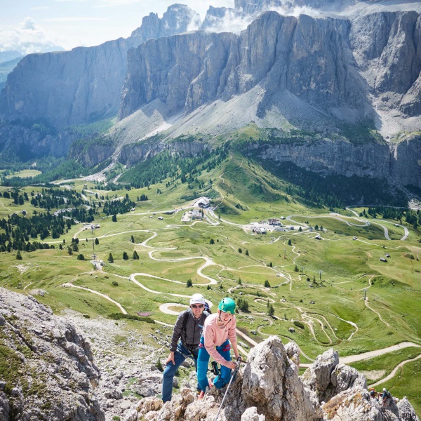 Gardena Pass and Sella Group in the background - Small Cir &ndash; Beginner Via Ferrata with mountain guide - Catores