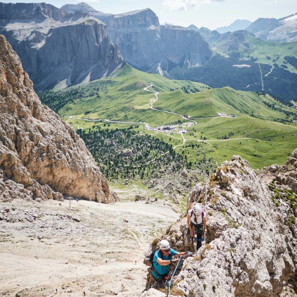 View of the Sella Towers and Pordoi - Furcela Saslonch Via Ferrata - Catores
